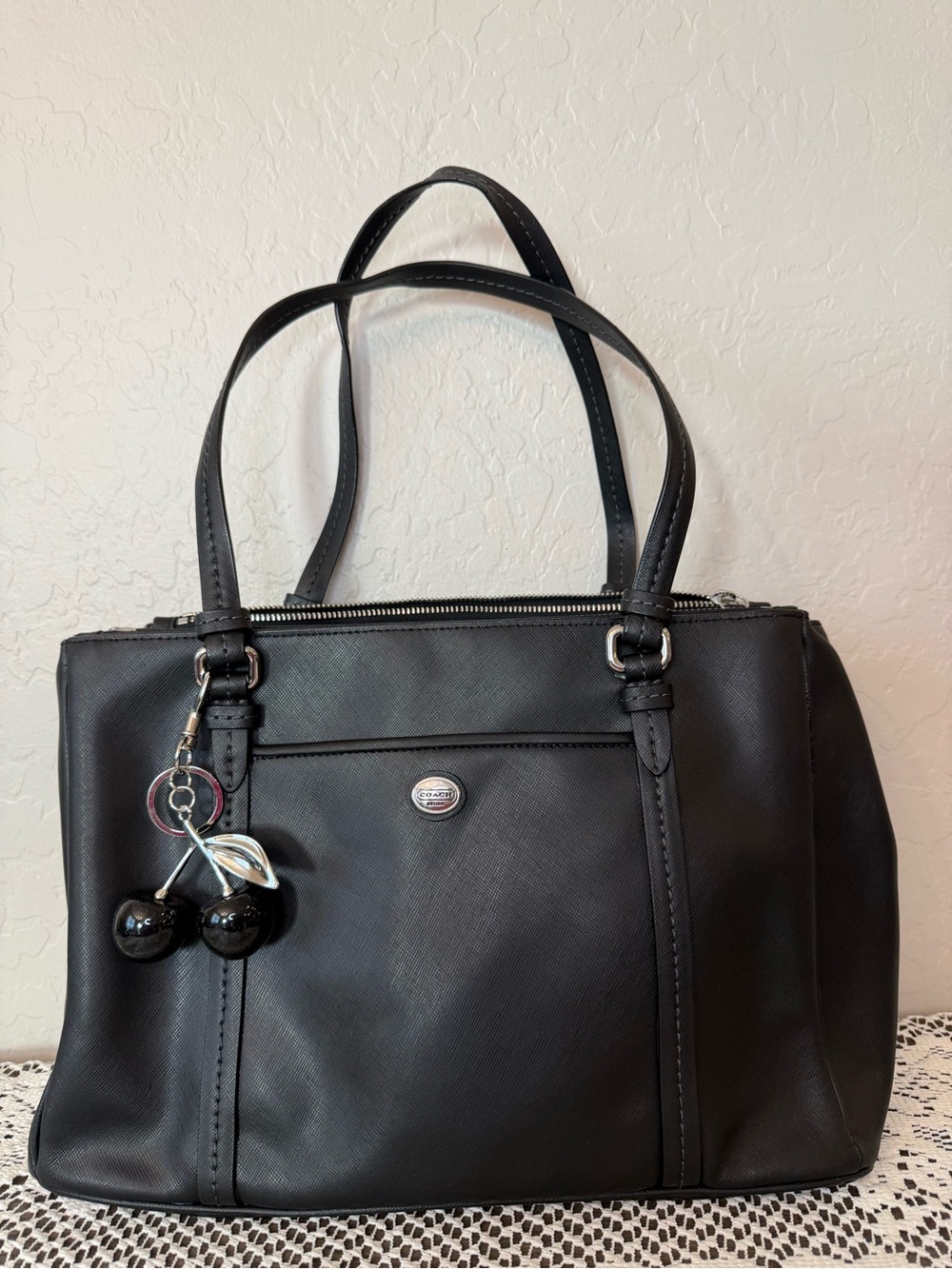 Coach Black Leather Shoulder Bag with Cherry Charm